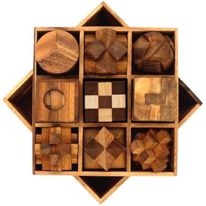 9 PUZZLES IN A BOX - WOODEN BRAIN TEASER PUZZLES, 3D PUZZLES FOR ADULTS, EDUCATIONAL KIDS GAMES, MIND PUZZLES FOR ADULTS AND BRAIN GAMES FOR KIDS, IDEAL FOR BIRTHDAY GIFTS AND PATIO DECOR - Image 2